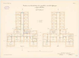 Zentralstation für jugendliche männliche Gefangene, Groß-Strehlitz: Gerichtsgefängnis: Grundriss Erdgeschoss, 1. Obergeschoss 1:100