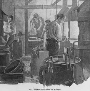 Herstellungsgang der Klingen eines Taschenmessers (Richten und Härten) : Technikgeschichte | Industrie und Technik | Metall- und Holzbearbeitung