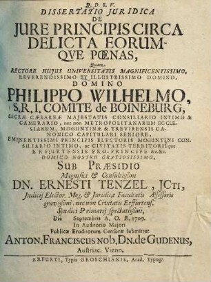 Dissertatio iuridica de iure principis circa delicta eorumque poenas