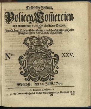 Nro. XXV, Montags, den 22. Junii 1744