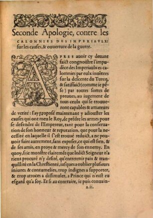 Second apologie, contre les calomnies des Imperiaulx: sur les causes, & ouuerture de la guerre