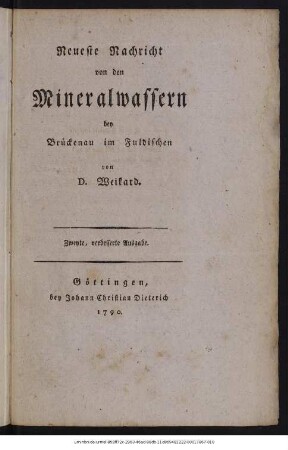 Neueste Nachricht zu den Mineralwassern bey Brückenau im Fuldischen