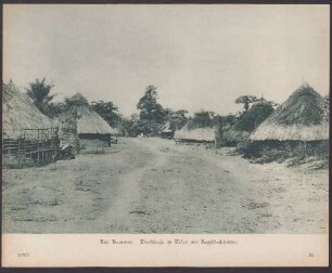 Aus Kamerun. Dorfstraße in Tikar mit Kegeldachhütten.