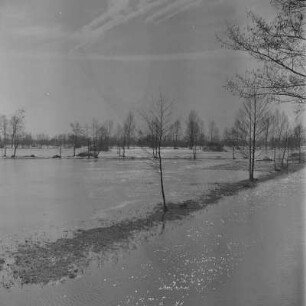 Landschaftsbild. Frühling im Spreewald. Leiper Weg. Die Wiesen sind überschwemmt. : Wobraz krajiny. Nalěćo w Błótach. Puć w Lipjem. Łuki su přepławjene.