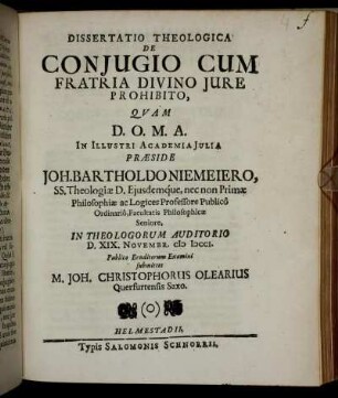 Dissertatio Theologica De Conjugio Cum Fratria Divino Jure Prohibito