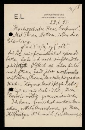 Nr. 11 Brief von Edmund Landau an David Hilbert. Charlottenburg, 29.6.1905