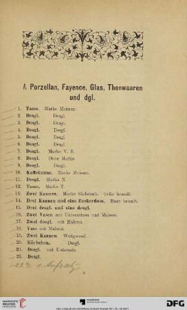 A. Porzellan, Fayence, Glas, Thonwaaren und dgl. (Nr. 1-312)