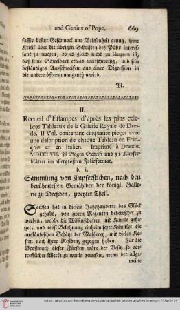 4: [Rezension von: Recueil d'Estampes d'après les plus celebres Tableaux de la Galerie Royale de Dresde. 2 Bände, Dresden, 1757]