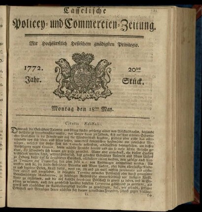 20tes Stueck, Montag den 18ten May 1772