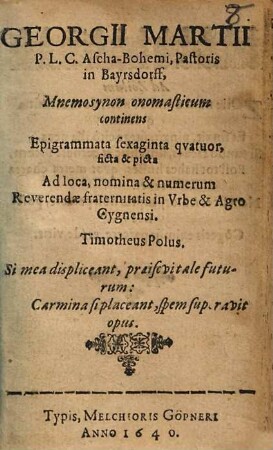 Mnemosynon onomasticum, continens epigrammata sexaginta qvatuor, ficta & picta