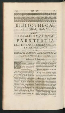 Bibliothecae Uffenbachianae Seu Catalogi Msstorum Pars Tertia Continens Codices Orientales Reliquos ...