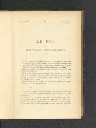 Le Roi A La Société Belge D'Études Coloniales.
