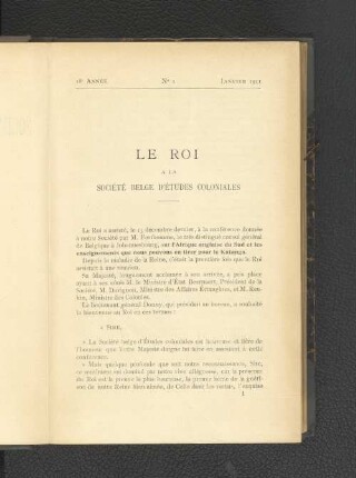 Le Roi A La Société Belge D'Études Coloniales.