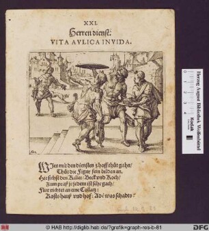 Vier Männer mit diversen Utensilien des Kochen, Backens und Haushaltens vor einer Stadtkulisse.
