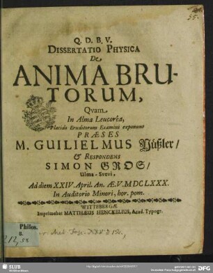 Dissertatio physica de anima brutorum