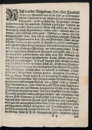 Nach dem der Wolgeborne Herr/ Herr Carolus/ Grave von Mansfeld ...