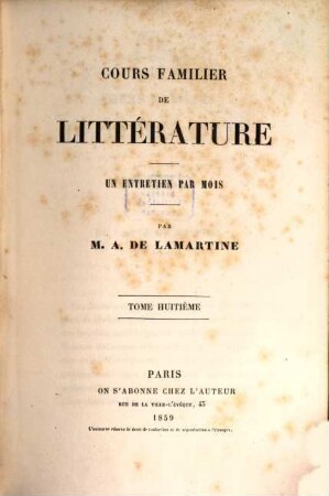 Cours familier de littérature : un entretien par mois, Tome huitième
