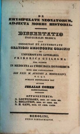 De erysipelate neonatorum, adiecta morbi historia : Dissertatio inauguralis medica