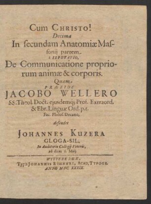 Decima In secundam Anatomiae Massonii partem ... defendet Johannes Kuzera