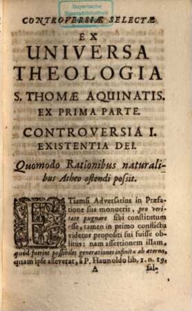 Vindiciae Sive Controversiae Selectae Ex Universa Theologia D. Thomae Aquinatis