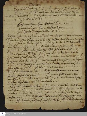 Tagebuch von Heinrich Melchior Mühlenberg.
