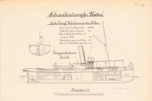Schraubendampfer »Natus« der Hafenbauinspektion, Pillau: Ansicht, Längsschnitt 1:75