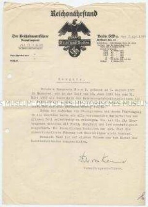 Zeugnis über die Arbeit als Sekretärin beim Reichsnährstand