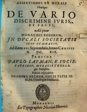 Assertiones Ex Morali Theologia De Vario Discrimine Ivris Et Facti