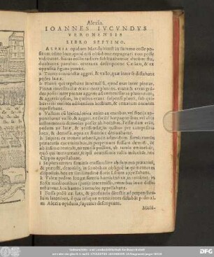 Alexia. Ioannes Iucundus Veronensis Libro Septimo.