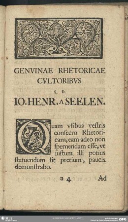 Genvinae Rhetoricae Culturibus S. D. Jo. Henr. A Seelen