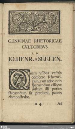 Genvinae Rhetoricae Culturibus S. D. Jo. Henr. A Seelen