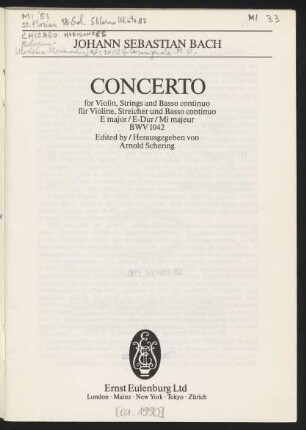 Concerto for violin, strings and basso continuo : E major/E-Dur/Mi majeur : BWV 1042