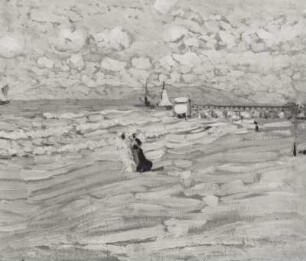 Strand mit Landungsbrücke und zwei Frauen (Italien)