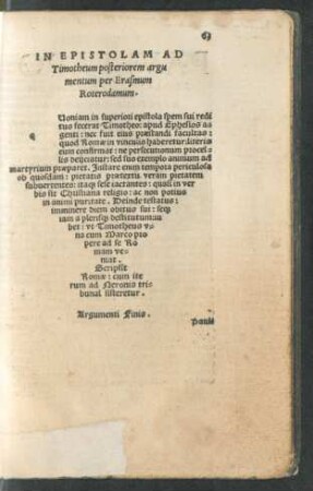 In Epistolam Ad Timotheum posteriorem argumentum ...