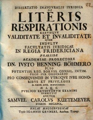Dissertatio inauguralis iuridica de literis respirationis earumque validitate et invaliditate