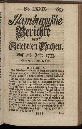 No. LXXIX. Hamburg, den 2. Oct. 1733. - No. LXXXVII. Hamburg, den 30. Oct. 1733.