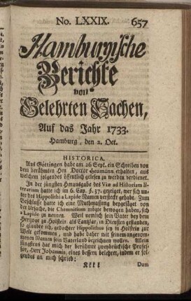 No. LXXIX. Hamburg, den 2. Oct. 1733. - No. LXXXVII. Hamburg, den 30. Oct. 1733.