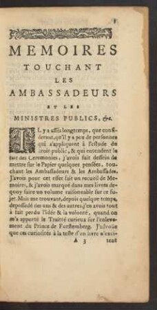 Memoires Touchant Les Ambassadeurs Et Les Ministres Publics.
