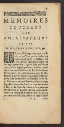 Memoires Touchant Les Ambassadeurs Et Les Ministres Publics.