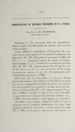 Démonstration de quelques théorèmes de M. Steiner.