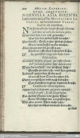 Nunc Sequuntur: Nonnulla Alia Disticha Latinogermanica Dn. Melchioris Leporini, ad imitationem Verini Poetae, de moribus