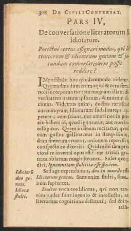 Pars IV. De conversatione literatorum & idiotarum.