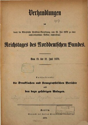 Verhandlungen des Reichstages des Norddeutschen Bundes. Stenographische Berichte über die Verhandlungen des Reichstages des Norddeutschen Bundes. 14. 1870