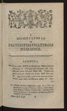 I. Dissertatio (a) De Pseudothaumaturgis Pharaonis