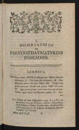 I. Dissertatio (a) De Pseudothaumaturgis Pharaonis
