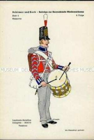 Uniformdarstellung, Tambour des Landwehr-Bataillons Salzgitter, Königreich Hannover, 1814/1815.