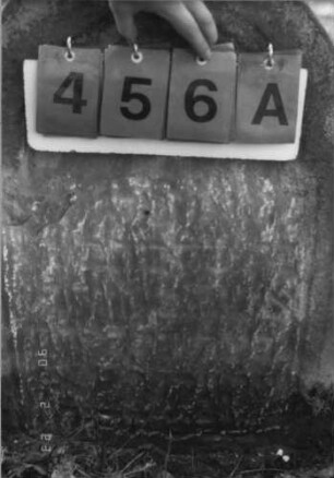 Grabstein 456 (Index: 100115569) Material: Sandstein Zustand: stark verwittert mit fast völligem Textverlust Maße HxBxT: 76x64x12 cm Beschreibung: Stele mit eingezogenem Rundbogenabschluß, eingetieftes Schriftfeld Symbolik: Blüte: Grabstein 456A