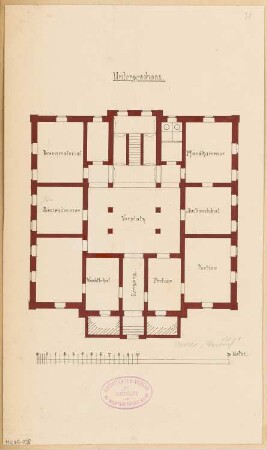 Rathaus, Calau Monatskonkurrenz März 1879: Grundriss Keller, Erdgeschoss, Obergeschoss; Maßstabsleiste