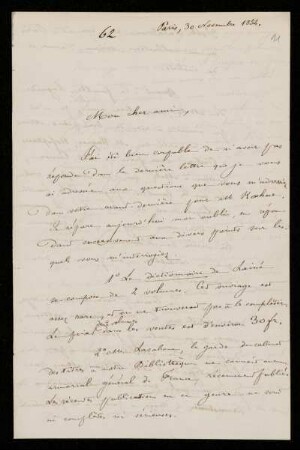 Nr. 11: Brief von Ernest Renan an Paul de Lagarde, Paris, 30.11.1854