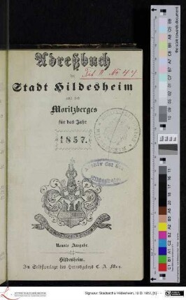 Adreßbuch der Stadt Hildesheim und des Moritzberges für das Jahr 1857.